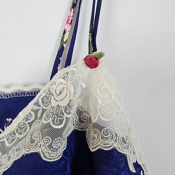 Vintage Inner Most Floral Satin Pajama Set Size XL Blue Lace Trim Chemise Shorts - Picture 10 of 16